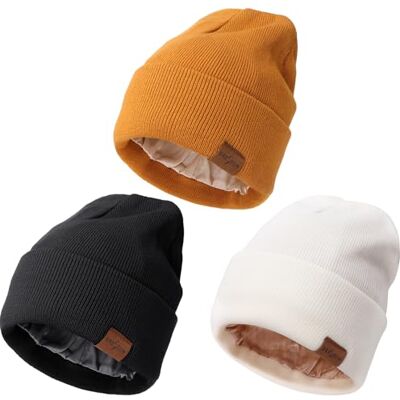 DRESHOW Gorro de inverno com forro de cetim para mulheres e homens unissexo gorros macio elástico de malha de seda chapéus de neve sólido crânio com forro de seda, 3 Pcs Cetim Lined Hats: DRESHOW Gorro de inverno com forro de cetim para mulheres e homens unissexo gorros macio elástico de malha de seda chapéus de neve sólido crânio com forro de seda, 3 Pcs Cetim Lined Hats: