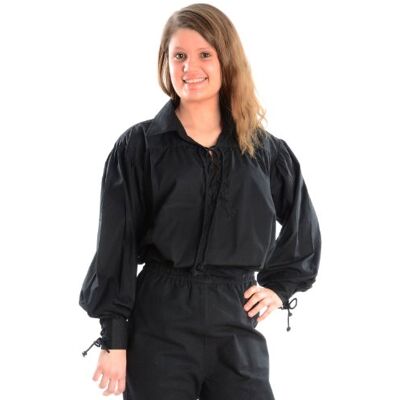HEMAD Blusa pirata com gola e atacadores, tamanhos S-XXXL, algodão puro, Preto, XL HEMAD Blusa pirata com gola e atacadores, tamanhos S-XXXL, algodão puro, Preto, XL