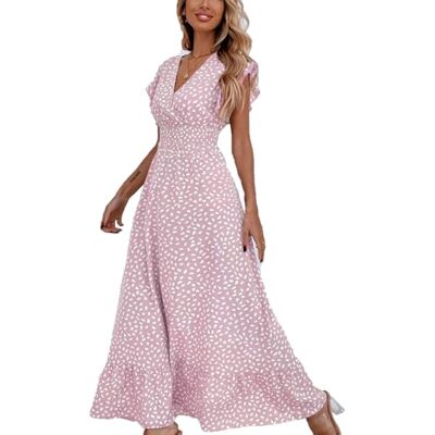BSLVWG Vestido maxi feminino pétalas de babados, mangas curtas, flores de decote em V em floração completa, saias longas de lazer na praia de verão, ROSA, M BSLVWG Vestido maxi feminino pétalas de babados, mangas curtas, flores de decote em V em floração completa, saias longas de lazer na praia de verão, ROSA, M