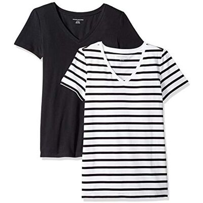 Amazon Essentials T-shirt de manga curta e corte padrão (opções de decote redondo e decote em V) mulher, pack de 2, branco às riscas/preto, XS Amazon Essentials T-shirt de manga curta e corte padrão (opções de decote redondo e decote em V) mulher, pack de 2, branco às riscas/preto, XS