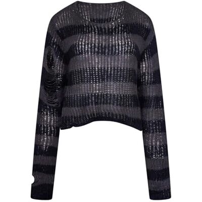 Ro Rox Camisola Ryette de malha gótica desgastada de tamanho grande com design Grunge, Preto e Cinza Ro Rox Camisola Ryette de malha gótica desgastada de tamanho grande com design Grunge, Preto e Cinza