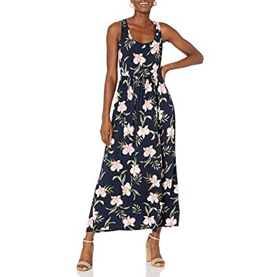 Amazon Essentials Vestido comprido sem mangas e com cintura (tamanho grande disponível) mulher, azul-marinho tropical, L Amazon Essentials Vestido comprido sem mangas e com cintura (tamanho grande disponível) mulher, azul-marinho tropical, L