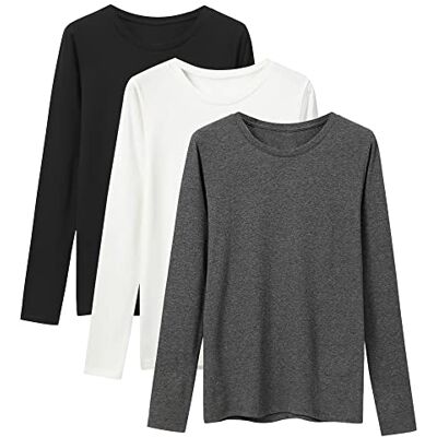 LiKing T-shirt de manga comprida para mulher básica camisa blusas tops com gola redonda em algodão, conjunto de 3 preto creme cinzento escuro 6151 L LiKing T-shirt de manga comprida para mulher básica camisa blusas tops com gola redonda em algodão, conjunto de 3 preto creme cinzento escuro 6151 L