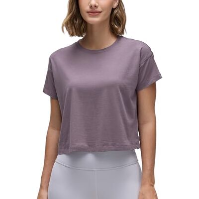 CRZ YOGA Mulheres algodão Pima exercício camisas manga curta solta cultivo tops atlético ginástica camisa, Cinzento púrpura CRZ YOGA Mulheres algodão Pima exercício camisas manga curta solta cultivo tops atlético ginástica camisa, Cinzento púrpura