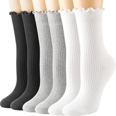 DRESHOW 6 pares meias com folhos para mulher meias de algodão de malha respiráveis com Volant meias casuais de cor sólida para mulheres e meninas DRESHOW 6 pares meias com folhos para mulher meias de algodão de malha respiráveis com Volant meias casuais de cor sólida para mulheres e meninas