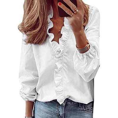 QKEPCY Blusa para mulher de cor lisa com manga de três quartos, decote em V e folhos estilo casual para escritório, Branco M QKEPCY Blusa para mulher de cor lisa com manga de três quartos, decote em V e folhos estilo casual para escritório, Branco M