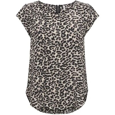 ONLY Blusa básica de manga curta para mulher decote redondo de ONLVIC, Multicolor (Pumice Stone/Aop/Leo) ONLY Blusa básica de manga curta para mulher decote redondo de ONLVIC, Multicolor (Pumice Stone/Aop/Leo)