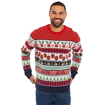 NOROZE Homens mulheres unissexo premium novidade pulóver de malha Christmas Natal camisola duende Jumpers, Reindeer riscas écru, L NOROZE Homens mulheres unissexo premium novidade pulóver de malha Christmas Natal camisola duende Jumpers, Reindeer riscas écru, L