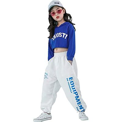 LOLANTA 2 Peças de Roupa de Dança de Rua para Menina Hip Hop, Camisola Curta + Calças de Ganga, azul, 8-9 anos LOLANTA 2 Peças de Roupa de Dança de Rua para Menina Hip Hop, Camisola Curta + Calças de Ganga, azul, 8-9 anos