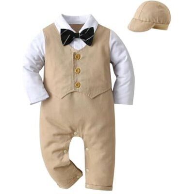 Lito Angels Fato macacão macacão macacão formal com chapéu boné para bebé crianças tamanho 3-6 meses, caqui (Número da etiqueta 70) Lito Angels Fato macacão macacão macacão formal com chapéu boné para bebé crianças tamanho 3-6 meses, caqui (Número da etiqueta 70)