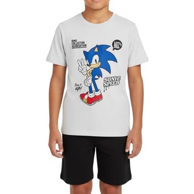 Sonic The Hedgehog Pijama para criança, design Sonic o ouriço, pijama de algodão macio, t-shirt e calções criança e adolescente, tamanhos 6 a 12 anos, cinzento Sonic The Hedgehog Pijama para criança, design Sonic o ouriço, pijama de algodão macio, t-shirt e calções criança e adolescente, tamanhos 6 a 12 anos, cinzento