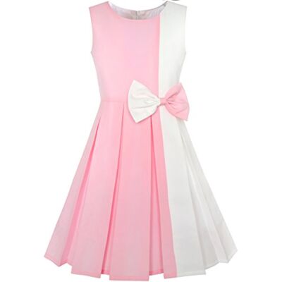 Sunny Fashion Vestido para menina bloco de cor contraste gravata de laço todos os dias festa 4-14 anos, ROSA Sunny Fashion Vestido para menina bloco de cor contraste gravata de laço todos os dias festa 4-14 anos, ROSA
