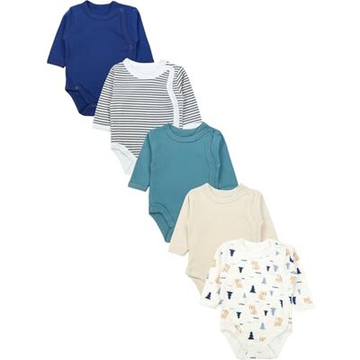 TupTam Body Bebé Pack de 5 bodes bebé recém-nascido, body bebé criança com fecho frontal, 100% algodão, Riscas de ursos azul-bege TupTam Body Bebé Pack de 5 bodes bebé recém-nascido, body bebé criança com fecho frontal, 100% algodão, Riscas de ursos azul-bege