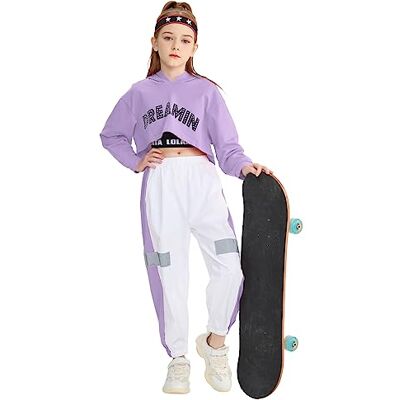 LOLANTA 3 peças Girls Hip Hop Dance Costume crianças Street Dance Clothes Set camisola curta com capuz, t-shirt sem mangas, calças refletoras, roxo, 10-11 anos, 150 LOLANTA 3 peças Girls Hip Hop Dance Costume crianças Street Dance Clothes Set camisola curta com capuz, t-shirt sem mangas, calças refletoras, roxo, 10-11 anos, 150