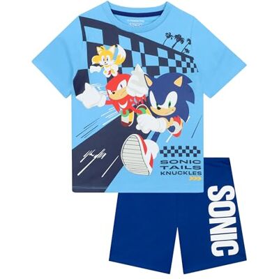 Sonic The Hedgehog Pijama infantil com Sonic, Knuckles e Tails, conjunto de verão de manga curta para menino Sonic The Hedgehog Pijama infantil com Sonic, Knuckles e Tails, conjunto de verão de manga curta para menino