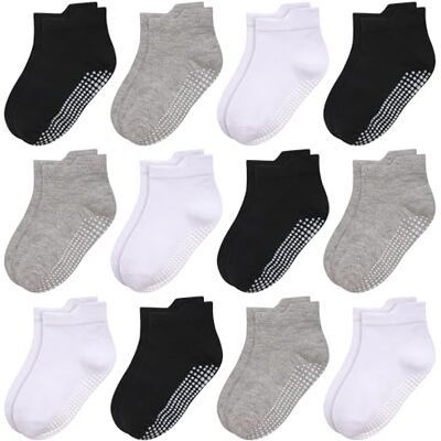 HYCLES 12 pares de meias antiderrapantes para crianças dos 1 aos 7 anos, preto * 4 cinzento claro * 4 + branco * 4, 5-7 anos HYCLES 12 pares de meias antiderrapantes para crianças dos 1 aos 7 anos, preto * 4 cinzento claro * 4 + branco * 4, 5-7 anos
