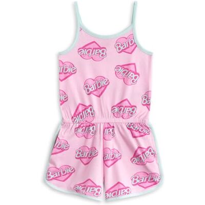 Barbie Macacão rosa sem mangas para menina, conjunto de verão com logótipo do coração, cintura elástica e bolsos, roupa casual leve para menina, macacão de desenhos animados Barbie Macacão rosa sem mangas para menina, conjunto de verão com logótipo do coração, cintura elástica e bolsos, roupa casual leve para menina, macacão de desenhos animados