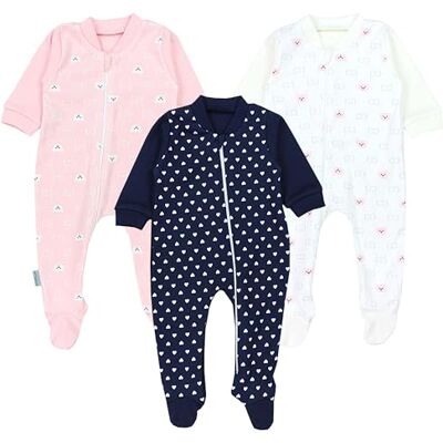 TupTam Pijama bebé para dormir de menino menina pelos com pés fecho de correr pack de 3, Corações azul escuro / ursos rosa branco TupTam Pijama bebé para dormir de menino menina pelos com pés fecho de correr pack de 3, Corações azul escuro / ursos rosa branco