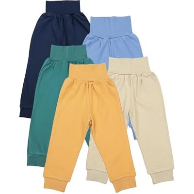 TupTam Calças de bebé de 5 unidades, calças de algodão macias, para bebé, menino e menina, certificação Oeko-Tex, Azul escuro / azul / amarelo mostarda / bege / verde TupTam Calças de bebé de 5 unidades, calças de algodão macias, para bebé, menino e menina, certificação Oeko-Tex, Azul escuro / azul / amarelo mostarda / bege / verde