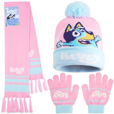 Bluey Conjunto inverno menina 3-6 anos, conjunto 2 ou 3 peças com gorro, luvas e lenço, acessórios quentes infantis (rosa/azul 3 peças) Bluey Conjunto inverno menina 3-6 anos, conjunto 2 ou 3 peças com gorro, luvas e lenço, acessórios quentes infantis (rosa/azul 3 peças)