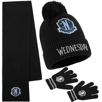 Wednesday Luvas de inverno, gorro e cachecol para meninas e meninas, 6-14 anos, conjunto 3 peças acessórios de inverno, presente menina Wednesday Luvas de inverno, gorro e cachecol para meninas e meninas, 6-14 anos, conjunto 3 peças acessórios de inverno, presente menina