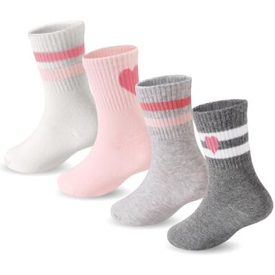 DRESHOW Meias para Meninas Meias de Esporte para Meninas com Corações e Listras 4 Pares para Crianças 4-10 Anos DRESHOW Meias para Meninas Meias de Esporte para Meninas com Corações e Listras 4 Pares para Crianças 4-10 Anos