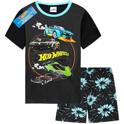 Hot Wheels Pijama infantil pijama de manga curta roupa para crianças com t-shirt e calções roupa de estar em casa presente crianças, Preto Hot Wheels Pijama infantil pijama de manga curta roupa para crianças com t-shirt e calções roupa de estar em casa presente crianças, Preto