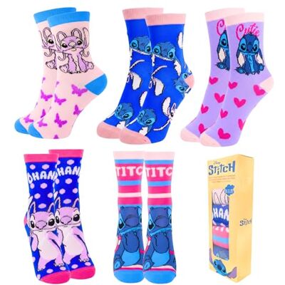 Disney Stitch Meias para menina, design Stitch e anjo conjunto de 5 meias clássicas adolescentes, tamanho UE 31/34 Disney Stitch Meias para menina, design Stitch e anjo conjunto de 5 meias clássicas adolescentes, tamanho UE 31/34