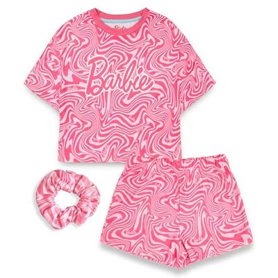 Barbie Girls Conjunto de pijama rosa T-shirt infantil e calções PJs com Scrunchie Design com impressão integral do logotipo clássico Mercadoria oficial, ROSA Barbie Girls Conjunto de pijama rosa T-shirt infantil e calções PJs com Scrunchie Design com impressão integral do logotipo clássico Mercadoria oficial, ROSA