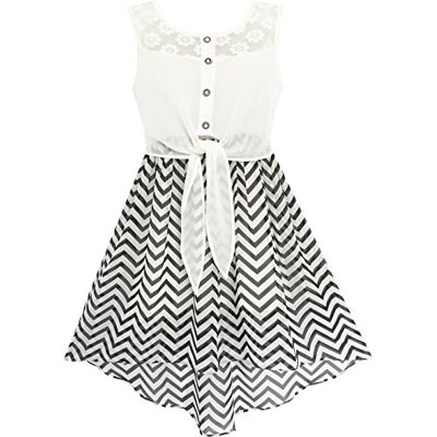 Sunny Fashion Vestido para menina de renda a chiffon às riscas preto branco cintura amarrada 7-14 anos Sunny Fashion Vestido para menina de renda a chiffon às riscas preto branco cintura amarrada 7-14 anos