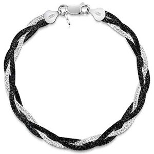 Amberta Pulseira para mulher em prata de lei 925 Eslabon Herringbone 5 mm comprimento 19 cm: Prata e ródio preto Amberta Pulseira para mulher em prata de lei 925 Eslabon Herringbone 5 mm comprimento 19 cm: Prata e ródio preto