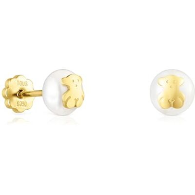 TOUS Brincos em Ouro de 18 kt para bebé com pérola cultivada 0,6 cm e motivo 0,45 cm, com fecho de rosca, Elegante e Atemporal, Coleção Icon Pearl TOUS Brincos em Ouro de 18 kt para bebé com pérola cultivada 0,6 cm e motivo 0,45 cm, com fecho de rosca, Elegante e Atemporal, Coleção Icon Pearl