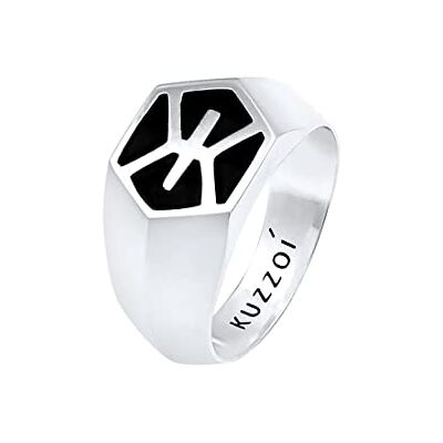 Kuzzoi Signet Ring Men's Ring Hexagon Design, anel de esmalte preto maciço, em prata esterlina 925, logótipo básico do anel de prata, anel para homem Kuzzoi Signet Ring Men's Ring Hexagon Design, anel de esmalte preto maciço, em prata esterlina 925, logótipo básico do anel de prata, anel para homem