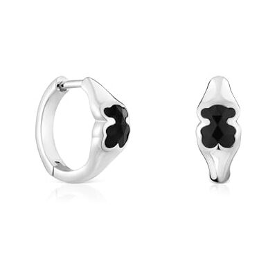 TOUS Brincos de aro de prata de primeira lei para mulher com motivo urso em ônix de 10 mm, coleção de iões de cor TOUS Brincos de aro de prata de primeira lei para mulher com motivo urso em ônix de 10 mm, coleção de iões de cor