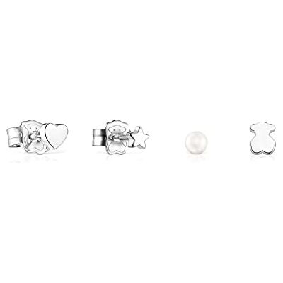 TOUS Pack de 4 brincos de prata de primeira lei para mulher com pérola cultivada e motivos de urso, coração, estrela e pérola com fecho de pressão, elegante e versátil, coleção Cool Joy TOUS Pack de 4 brincos de prata de primeira lei para mulher com pérola cultivada e motivos de urso, coração, estrela e pérola com fecho de pressão, elegante e versátil, coleção Cool Joy