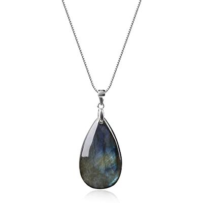COAI Colar de prata esterlina para mulher com pendente gota de água de cristal de Labradorita pedra natural COAI Colar de prata esterlina para mulher com pendente gota de água de cristal de Labradorita pedra natural