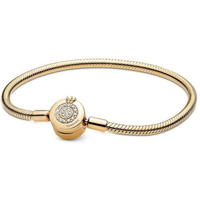 PANDORA Signature Moments Pulseira de corrente de cobra com fecho com design de coroa cintilante em O banhada a ouro de 14 quilates com zircónias cúbicas transparentes, Aço inoxidável, Sem Pedra PANDORA Signature Moments Pulseira de corrente de cobra com fecho com design de coroa cintilante em O banhada a ouro de 14 quilates com zircónias cúbicas transparentes, Aço inoxidável, Sem Pedra