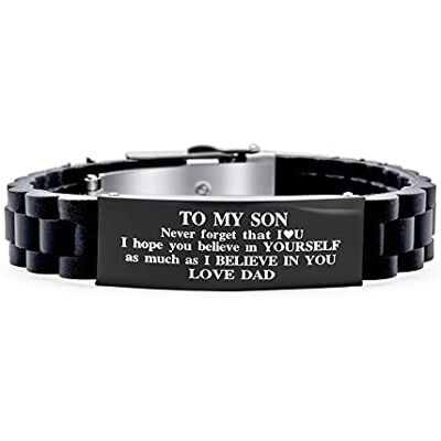 Bling Jewelry Pulseira de identificação personalizada para o meu filho valor inspirador para o filho neto Step-Son aço inoxidável preto recorte ajustável borracha de silicone ajuste confortável Bling Jewelry Pulseira de identificação personalizada para o meu filho valor inspirador para o filho neto Step-Son aço inoxidável preto recorte ajustável borracha de silicone ajuste confortável