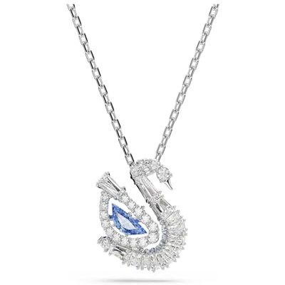 Swarovski Pingente Swan, zircónio e Dancing Stone numa elegante silhueta central em forma de cine, tamanhos mistos, coleção Swan, casa de banho de ródio, azul Swarovski Pingente Swan, zircónio e Dancing Stone numa elegante silhueta central em forma de cine, tamanhos mistos, coleção Swan, casa de banho de ródio, azul