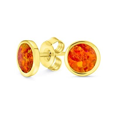 Bling Jewelry Brincos de porca de opala de fogo branco laranja criado, clássico simples iridescente, crimpagem de bisel, círculo redondo plano para mulher, banhado a ouro de 14 K, prata de lei .925, pequeno grande Bling Jewelry Brincos de porca de opala de fogo branco laranja criado, clássico simples iridescente, crimpagem de bisel, círculo redondo plano para mulher, banhado a ouro de 14 K, prata de lei .925, pequeno grande