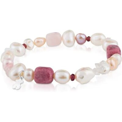 TOUS Pulseira de pérolas, grená, rodonita e quartzo para mulher com motivo de urso em prata de primeira lei, 17,5 cm de comprimento, elegante e clássica, coleção pérola TOUS Pulseira de pérolas, grená, rodonita e quartzo para mulher com motivo de urso em prata de primeira lei, 17,5 cm de comprimento, elegante e clássica, coleção pérola