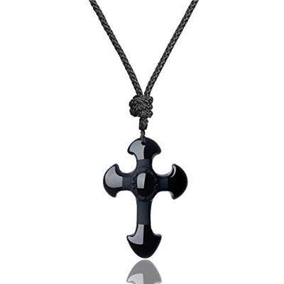 COAI Colar de Aço com Pingente de Cruz de Obsidiana para Homem Mulher, Gema, Obsidiana COAI Colar de Aço com Pingente de Cruz de Obsidiana para Homem Mulher, Gema, Obsidiana