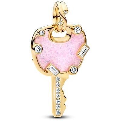 PANDORA Moments Pingente grande com design de chave de amor rosa iridescente com liga de metal banhado a ouro de 14 quilates e zircões, compatível com ME e Moments PANDORA Moments Pingente grande com design de chave de amor rosa iridescente com liga de metal banhado a ouro de 14 quilates e zircões, compatível com ME e Moments