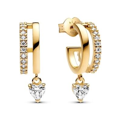 PANDORA Brincos de argola de prata de lei com forma de coração com liga dourada e zircónias, , 13,1x19,5x6,2 mm, Prata de lei, Zircónia cúbica PANDORA Brincos de argola de prata de lei com forma de coração com liga dourada e zircónias, , 13,1x19,5x6,2 mm, Prata de lei, Zircónia cúbica
