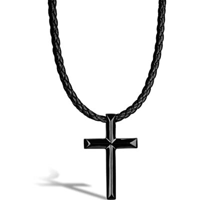 SERASAR Colar homem couro cruz preta pendente aço minimalista 50 cm SERASAR Colar homem couro cruz preta pendente aço minimalista 50 cm