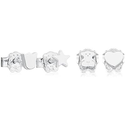 TOUS Conjunto de 2 conjuntos de brincos de prata de primeira lei para mulher com fecho de pressão e 4 motivos diferentes 0,45 cm, minimalista e elegante, coleção básica TOUS Conjunto de 2 conjuntos de brincos de prata de primeira lei para mulher com fecho de pressão e 4 motivos diferentes 0,45 cm, minimalista e elegante, coleção básica