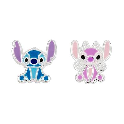 Disney Brincos de prata fina da Lilo e Stitch com carimbos de esmalte azul e rosa Disney Brincos de prata fina da Lilo e Stitch com carimbos de esmalte azul e rosa
