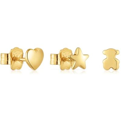 TOUS Pacote de três brincos para mulher com casa de banho de ouro 18 Kt sobre prata de primeira lei motivos, coleção Bold Motif TOUS Pacote de três brincos para mulher com casa de banho de ouro 18 Kt sobre prata de primeira lei motivos, coleção Bold Motif