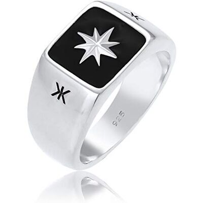 Kuzzoi Anel de selo para homem de 11 mm de largura em prata de lei 925, superfície esmaltada preta com design de estrela, anel para homens de tamanho 54-66, 0601112320, Prata esterlina Kuzzoi Anel de selo para homem de 11 mm de largura em prata de lei 925, superfície esmaltada preta com design de estrela, anel para homens de tamanho 54-66, 0601112320, Prata esterlina