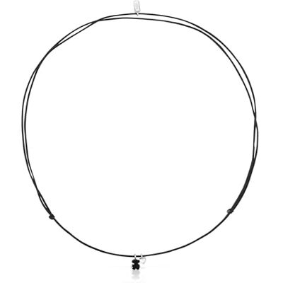 TOUS Colar de prata de primeira lei e cordão com motivo coração e urso em ônix para mulher, 75 cm de comprimento, coleção mini cor TOUS Colar de prata de primeira lei e cordão com motivo coração e urso em ônix para mulher, 75 cm de comprimento, coleção mini cor